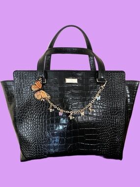 Kate Spade Elegant Black Croc-Embossed Tote Bag w/Accent Purse Jewelry